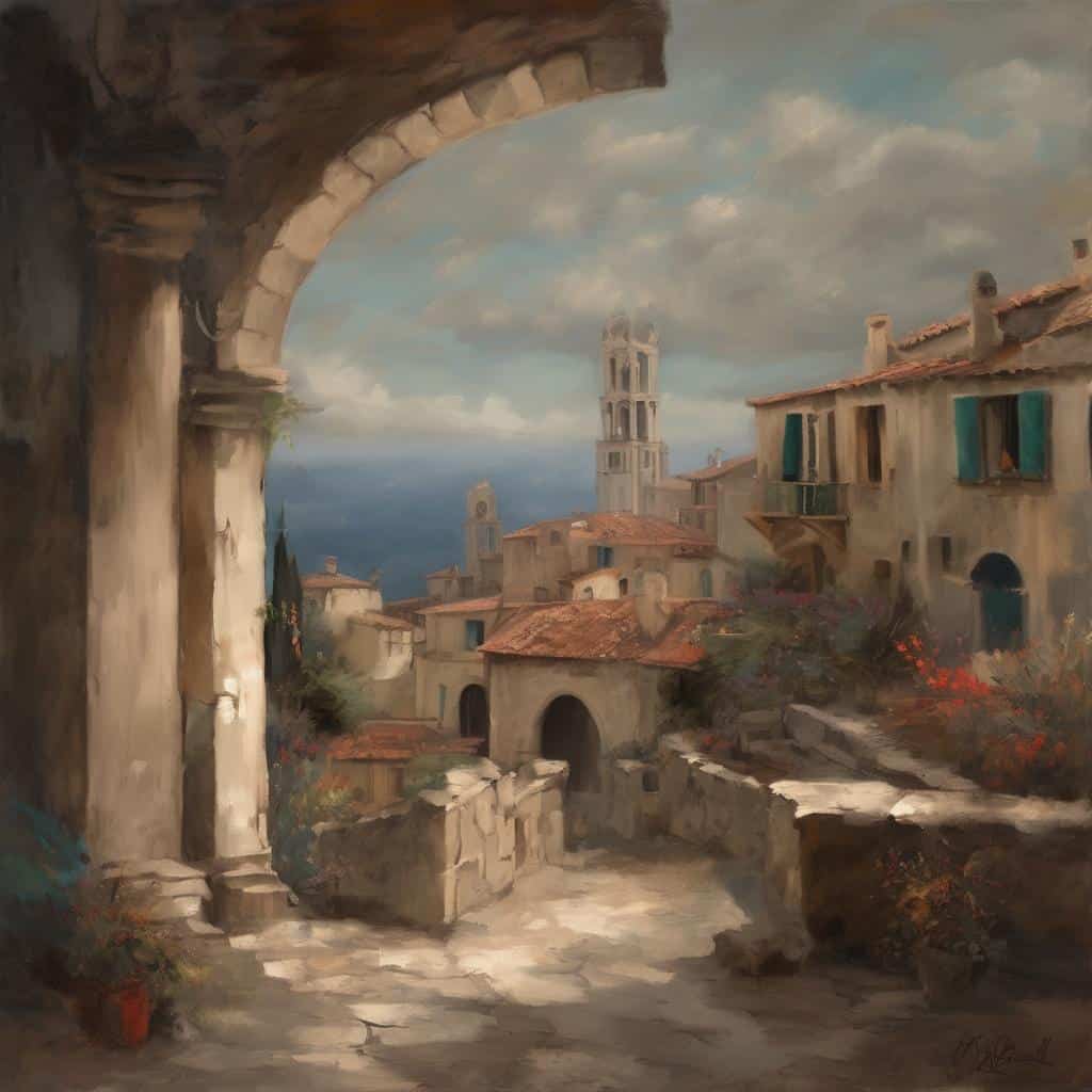 Παραδοσιακή εικόνα με επηρεασμένη από την τέχνη της Αναγέννησης και τοπία από την Ιταλία.