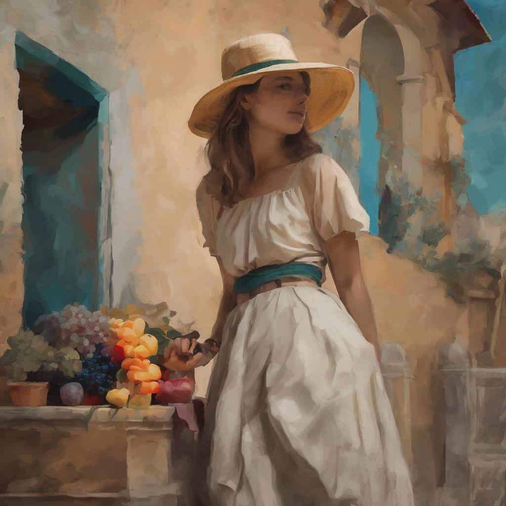 Rose watercolor painting of a woman with a hat at a market, influenced by famous artists and transformative art works, emphasizing artistic evolution.