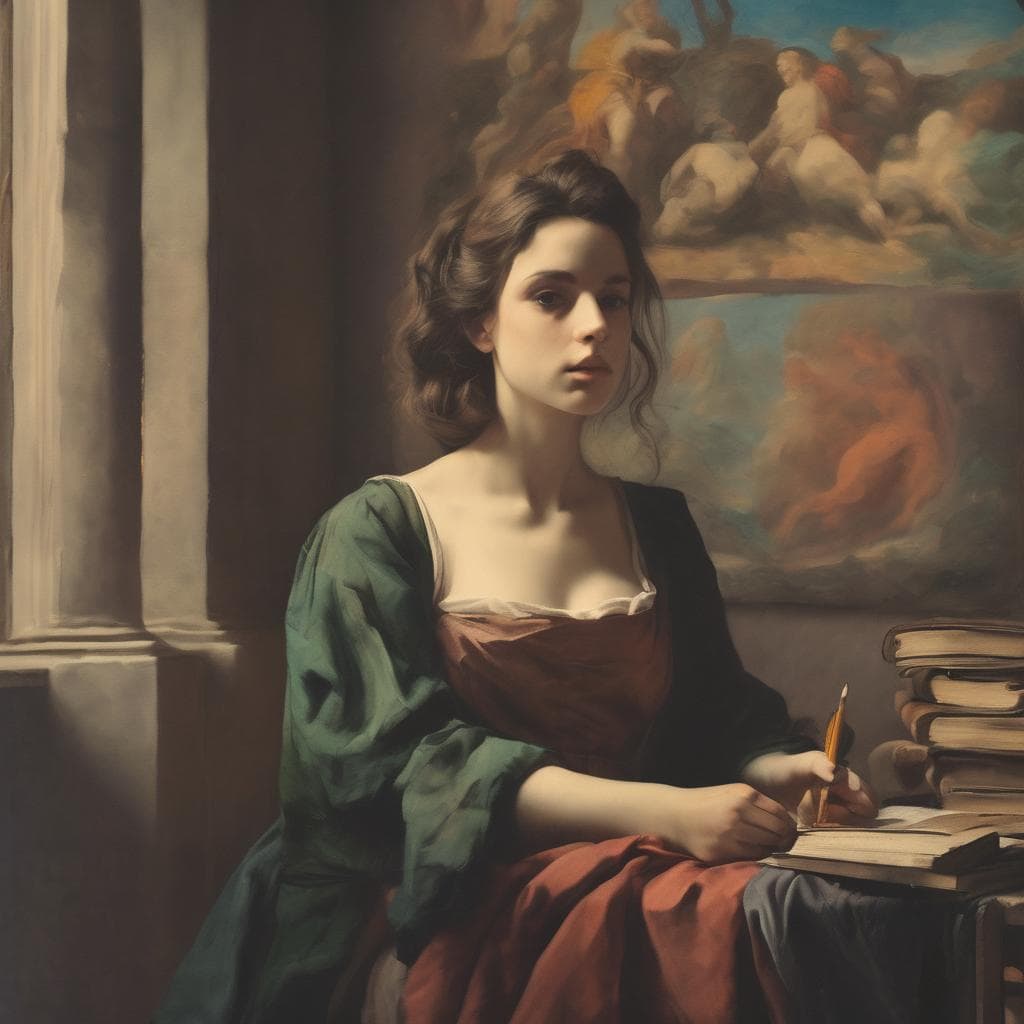 Μοντέλο γυναίκας ζωγραφισμένο με ατμοσφαιρική τέχνη και ιστορική αισθητική.