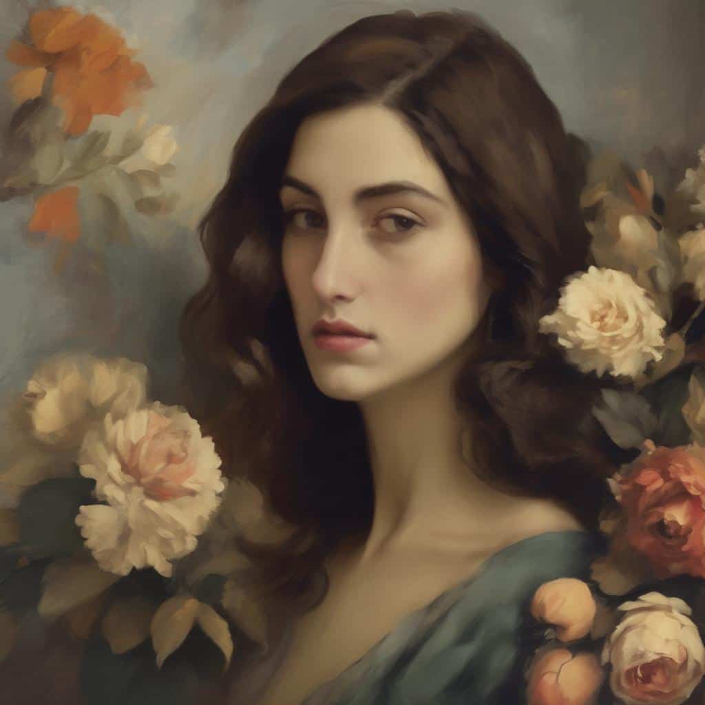 Γυναίκα με λουλούδια, πορτρέτο σε ρεαλιστικό στυλ, τέχνη και έργα που άλλαξαν την τέχνη, σύγχρονη καλλιτεχνική έκφραση.