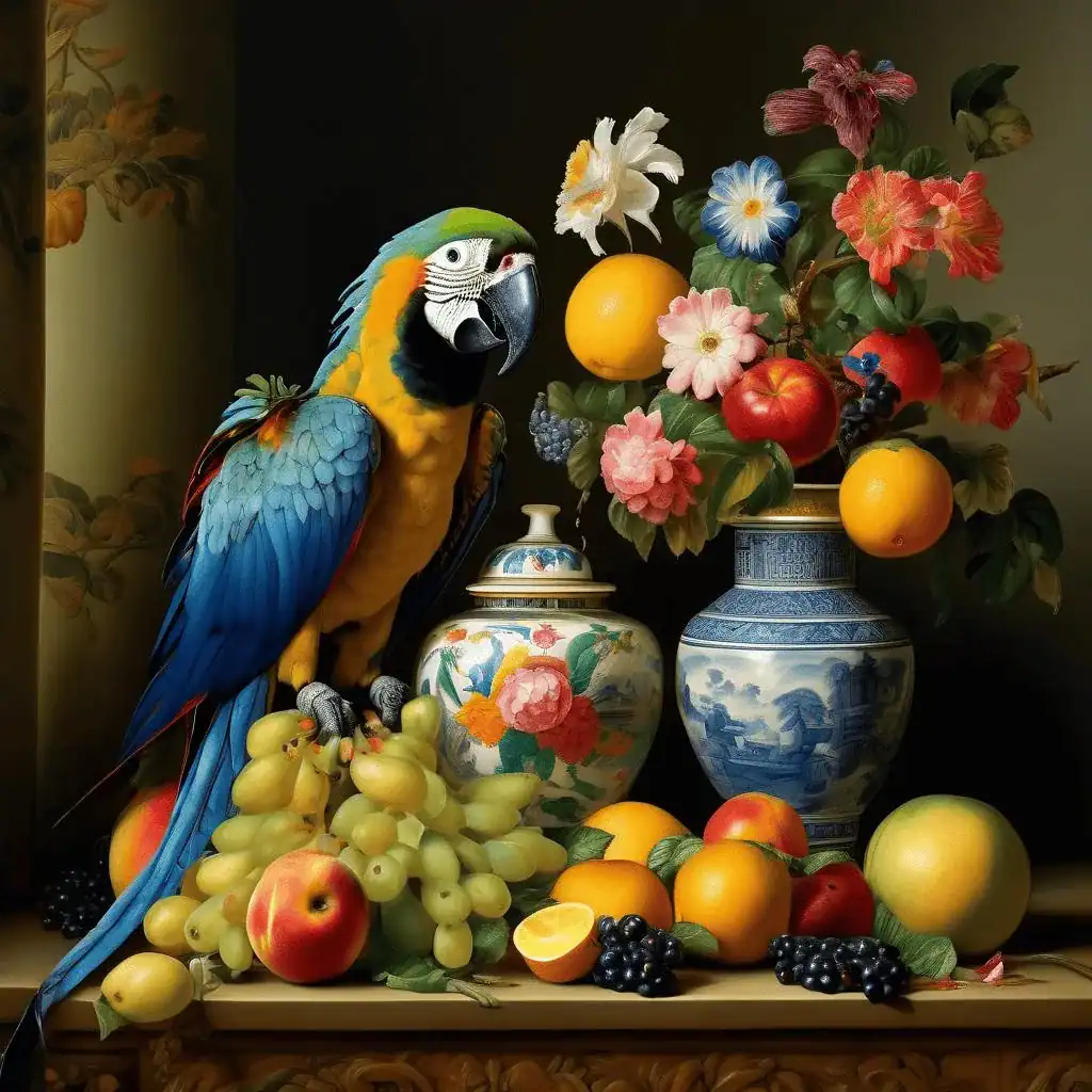 Still life of Macaw, Chinese Vase and Fruit – Alexander Pope